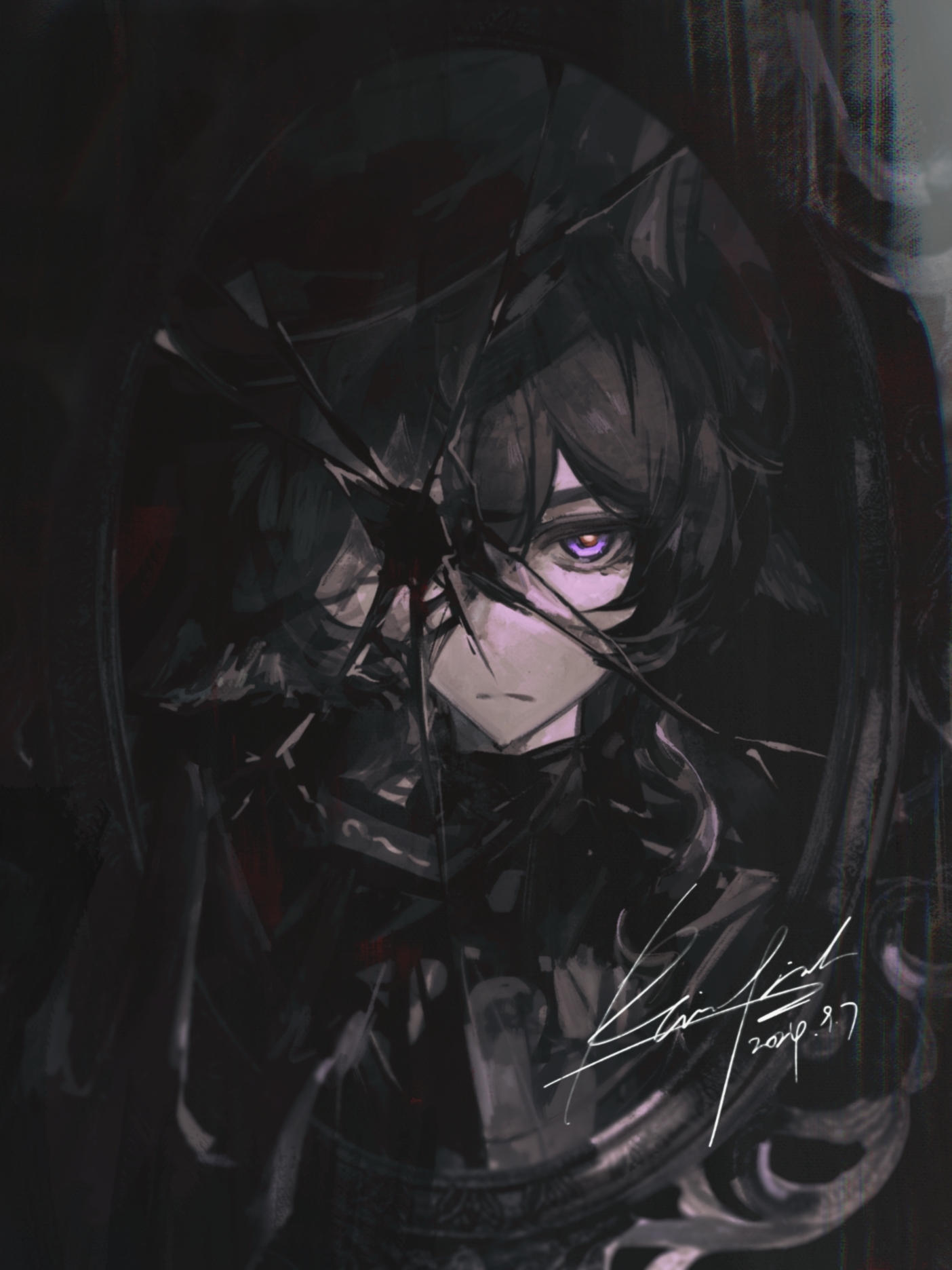 1boy animal_ears arknights black_hair broken_mirror chinese_commentary commentary dated ebenholz_(arknights) goat_ears goat_horns hair_between_eyes hand_over_eye hand_up highres horns light_frown looking_at_viewer male_focus mirror one_eye_covered purple_eyes rainfish reflection reflection_focus shattered signature solo straight-on