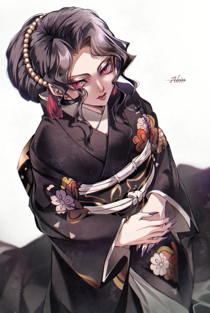 1girl abin_(cardinalhyuga_s) black_hair black_kimono demon_girl fingernails japanese_clothes kibutsuji_muzan kibutsuji_muzan_(female) kimetsu_no_yaiba kimono long_sleeves red_eyes sharp_fingernails sitting solo