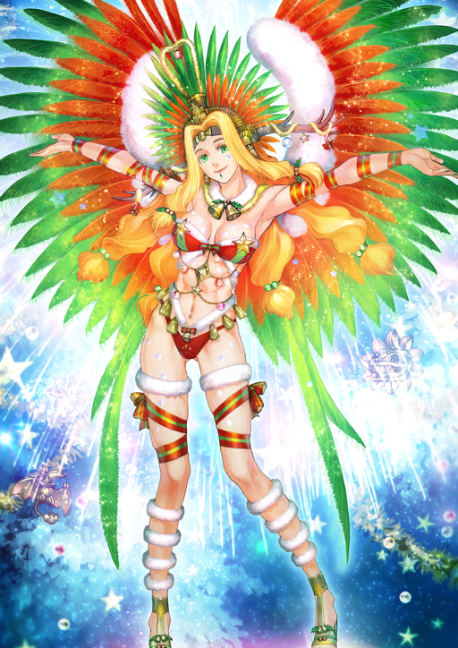1girl abs arm_ribbon armpits aztec bell bikini blonde_hair blue_background bow bow_bikini breasts breasts_apart brown_headband chin_piercing closed_mouth colored_eyelashes earrings face_piercing fake_antlers fake_wings fate/grand_order fate_(series) feathered_wings feet_out_of_frame floating_hair fur-trimmed_bikini fur_collar fur_thigh_strap fur_trim game_cg gluteal_fold green_bikini green_eyes green_ribbon green_sandals hair_ornament hair_tie hands_up head_tilt headband headdress hiroe_rei holly holly_hair_ornament jewelry leg_ribbon long_hair long_sidelocks looking_at_viewer low-tied_long_hair low-tied_sidelocks medium_breasts multicolored_bikini navel navel_piercing no_socks official_art outstretched_arms piercing quetzalcoatl_(fate) quetzalcoatl_(samba/santa)_(fate) red_bikini red_ribbon ribbon samba sandals sidelocks smile solo star_(symbol) strapless strapless_bikini striped_ribbon swimsuit tassel third-party_source toned toned_female two-tone_bikini two-tone_ribbon variant_set wings