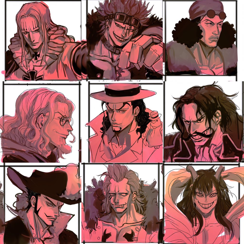 6+boys ascot bartolomeo basil_hawkins caesar_clown commentary_request curly_hair dracule_mihawk eustass_kid facial_hair frills glasses goatee goggles goggles_on_head gol_d._roger hat_feather hattori_(one_piece) horns insect_candy kuzan_(aokiji) long_hair male_focus mechanical_arms multiple_boys multiple_drawing_challenge mustache one_piece rob_lucci short_hair silvers_rayleigh single_mechanical_arm v-shaped_eyebrows