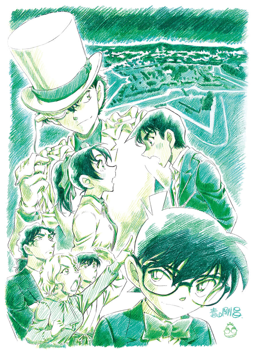 2girls 5boys aoyama_goushou artist_name black-framed_eyewear black_hair black_jacket blush bow bowtie closed_mouth edogawa_conan eye_contact formal_clothes glasses gloves goryoukaku green_theme hair_bow hakodate_(city) hat hattori_heiji high_ponytail highres holding holding_gloves holding_unworn_clothes iori_muga jacket kaitou_kid long_hair looking_at_another looking_up meitantei_conan monocle_chain multiple_boys multiple_girls official_art okita_soushi_(meitantei_conan) oooka_momiji open_mouth pointing pointing_at_another ponytail shirt short_hair signature smile standing suit teardrop tooyama_kazuha unworn_gloves white_gloves white_hat white_jacket white_shirt white_suit