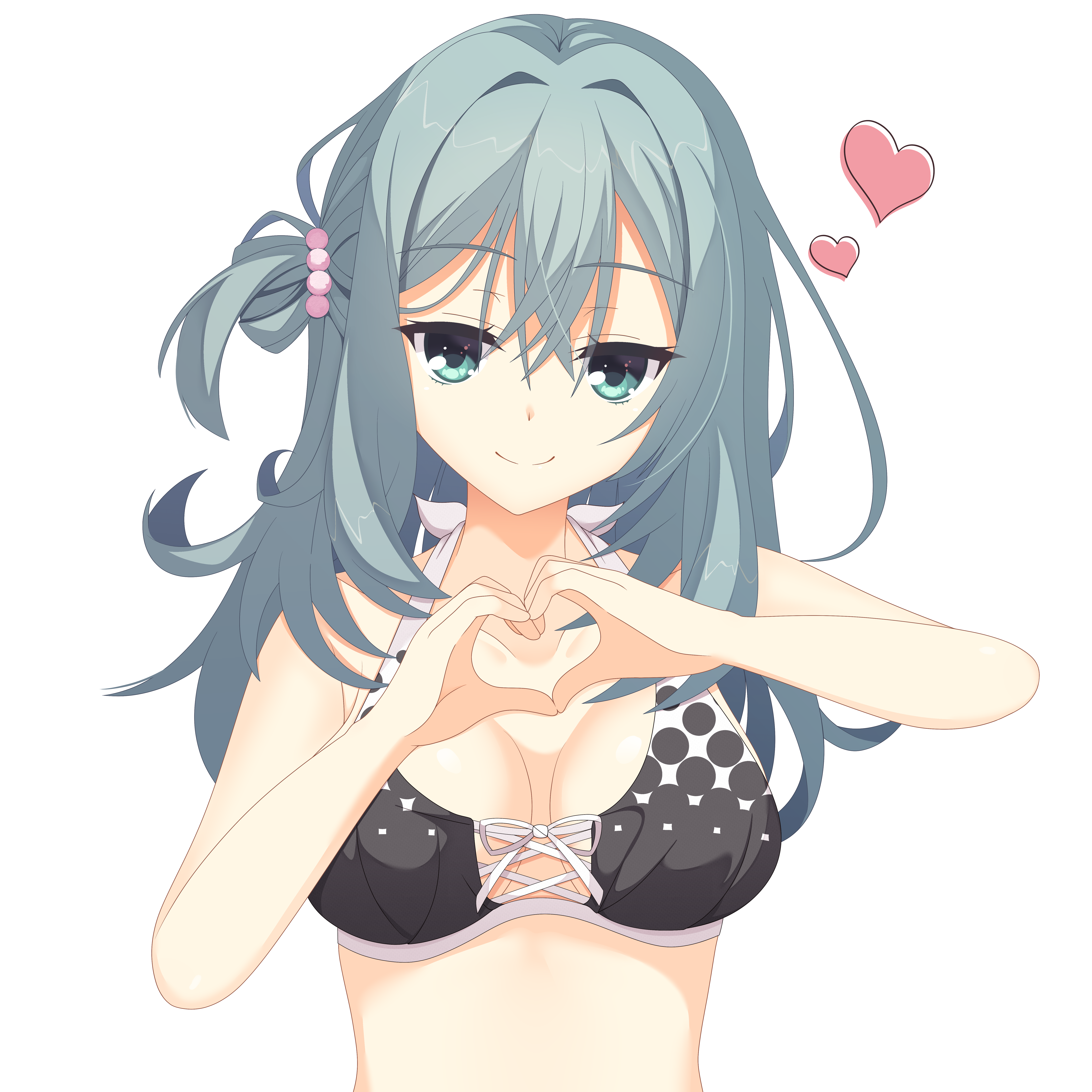 1girl absurdres aqua_eyes aqua_hair bare_arms bare_shoulders beads bikini black_bikini breasts breasts_apart closed_mouth commentary_request crossed_bangs eyelashes front-tie_bikini_top front-tie_top hair_beads hair_between_eyes hair_intakes hair_ornament halterneck hands_up heart highres holding_hands kaon_zz large_breasts long_hair looking_at_viewer official_alternate_costume one_side_up riddle_joker shikibe_mayu simple_background smile solo split_mouth swimsuit tsurime upper_body white_background