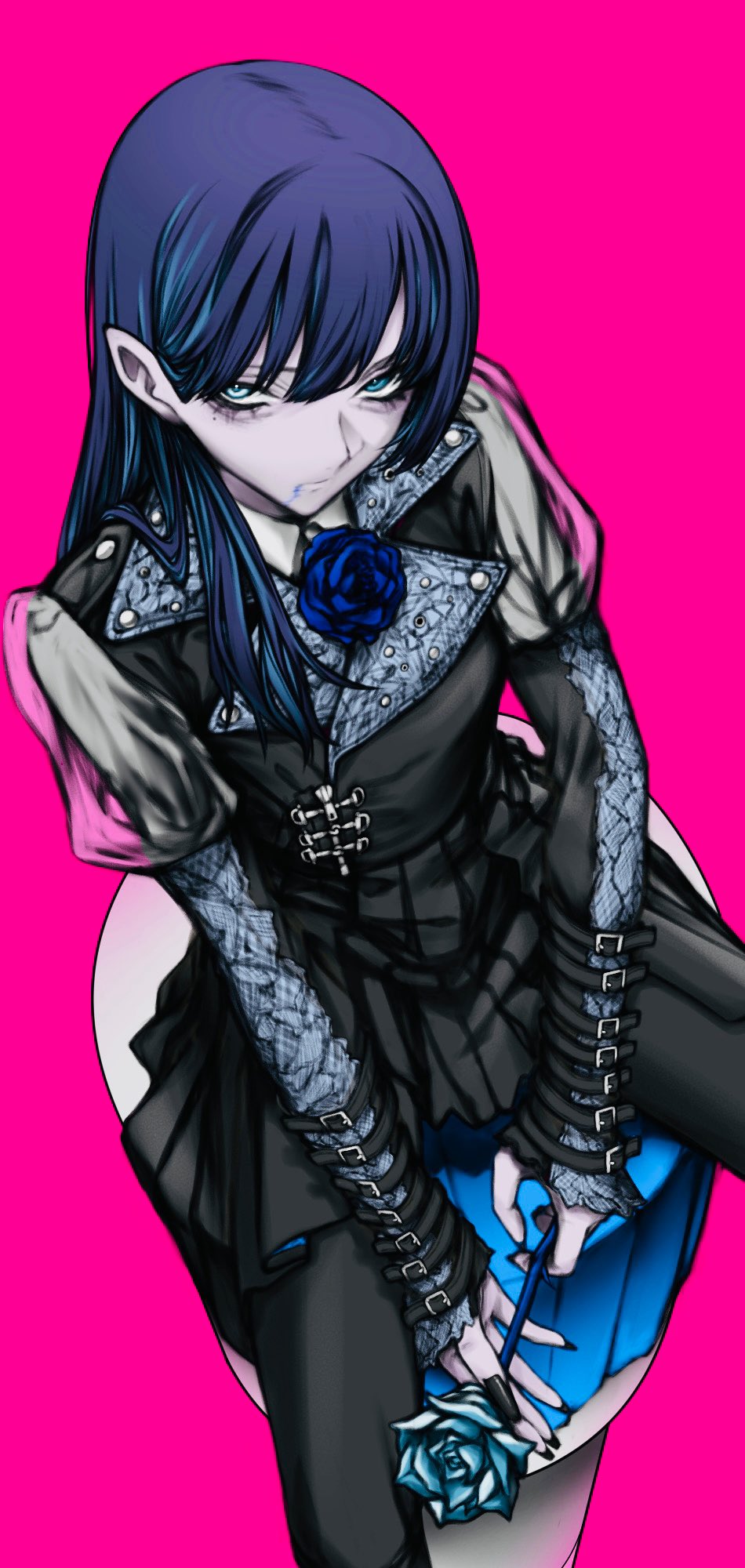 1girl ado_(utaite) aegyo_sal black_dress black_pants blue_eyes blue_flower blue_hair blue_rose chando_(ado) commentary dress egoist_tosummer flower heterochromia highres holding holding_flower long_hair long_sleeves looking_at_viewer mole mole_under_eye pants pants_under_dress pink_background rose simple_background solo