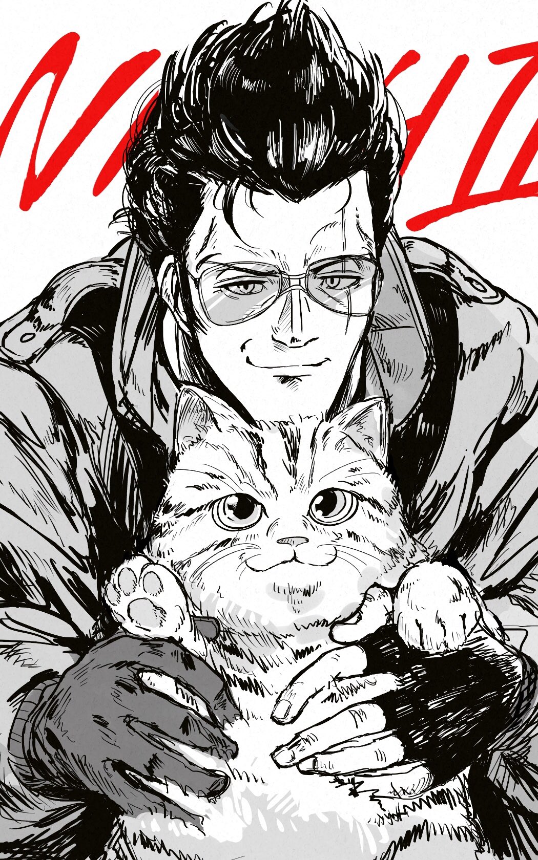 1boy asymmetrical_gloves cat commentary copyright_name fingerless_gloves gloves greyscale highres jacket jeane_(cat) long_sleeves looking_at_viewer male_focus milmir mismatched_gloves monochrome no_more_heroes no_more_heroes_3 scar scar_across_eye scar_on_face simple_background smile spot_color sunglasses text_background travis_touchdown upper_body