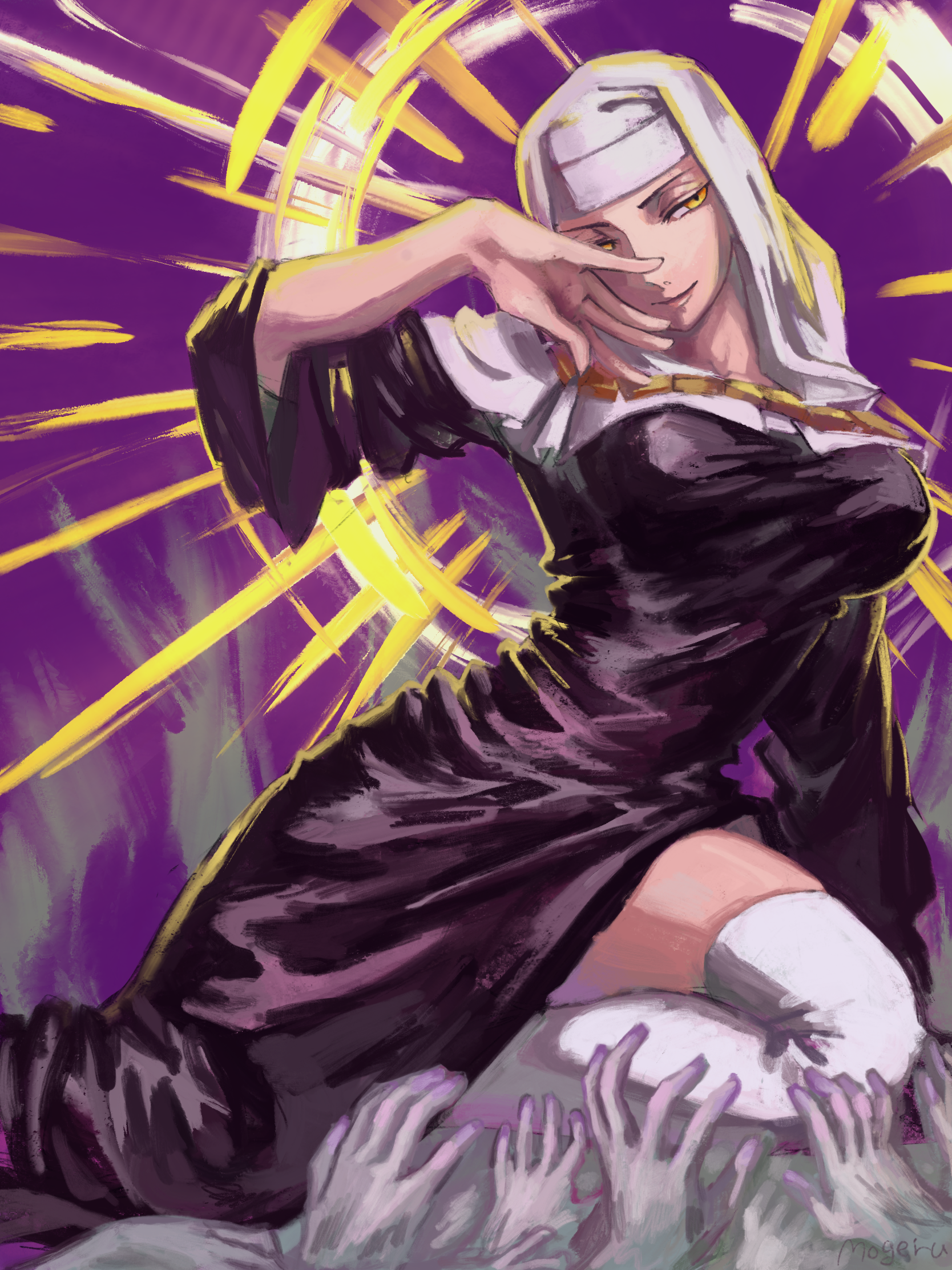 1girl black_dress breasts buddhist_nun demon_girl dress extra_arms fate/grand_order fate_(series) highres large_breasts momomogeta nun se.ra.ph_(fate/grand_order) sessyoin_kiara solo thighhighs white_thighhighs yellow_eyes
