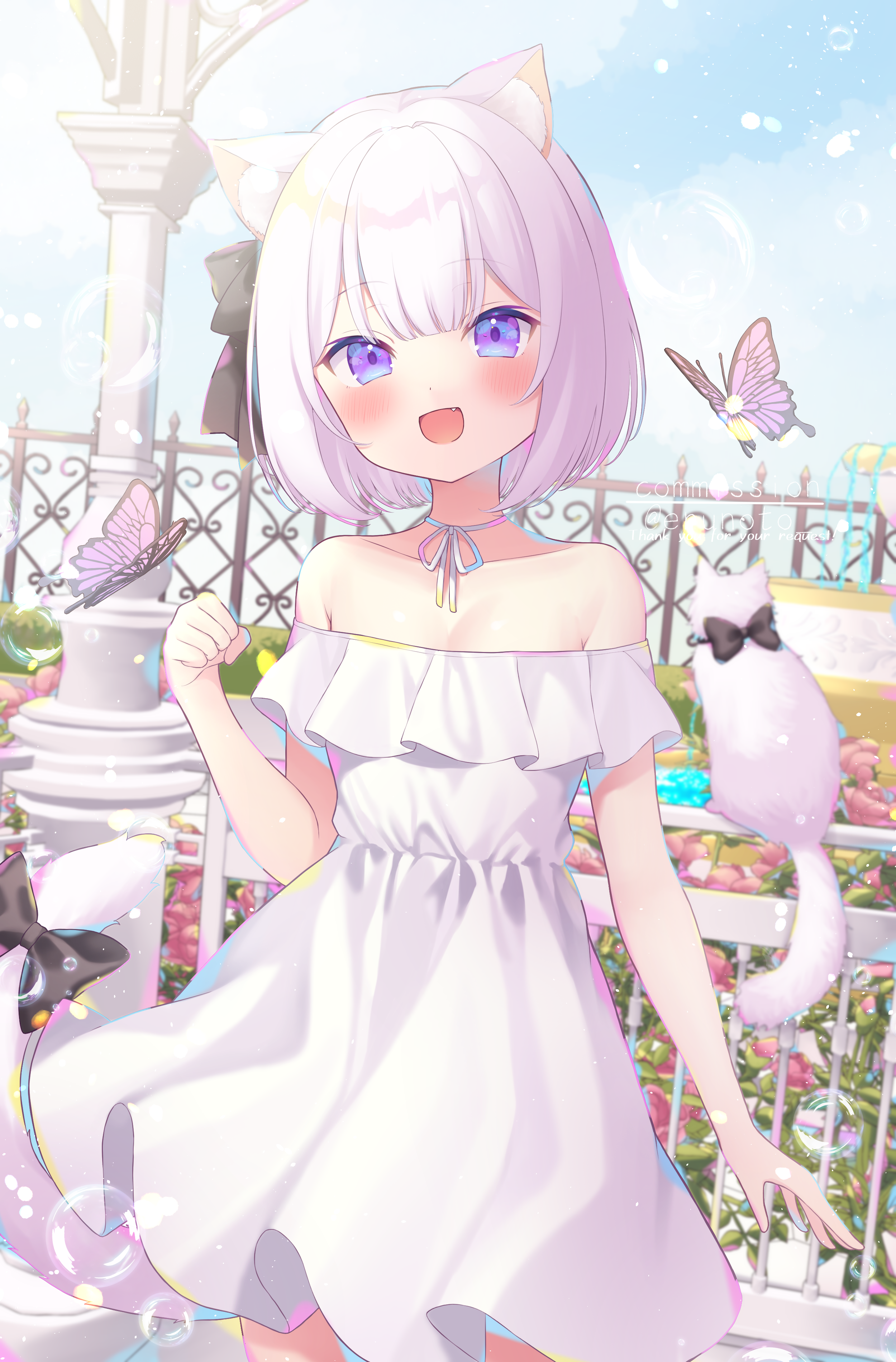1girl :d absurdres amamiya_tenka animal_ears blue_eyes bow breasts bug butterfly cat cat_ears cat_girl cat_tail commission dress erunoto fang highres indie_virtual_youtuber insect looking_at_viewer off-shoulder_dress off_shoulder open_mouth pillar short_hair skeb_commission smile tail tail_bow tail_ornament virtual_youtuber white_cat white_dress white_hair