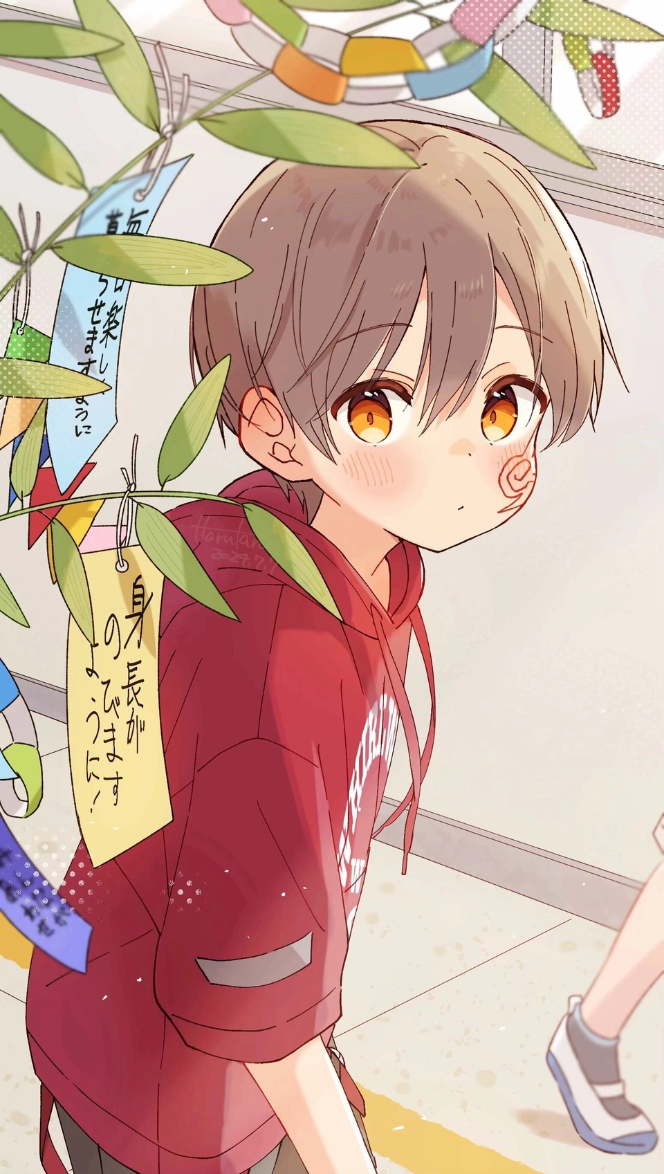 1boy child far_tarooo highres male_focus non-web_source rotto_(far_tarooo) short_hair solo_focus tanzaku translation_request