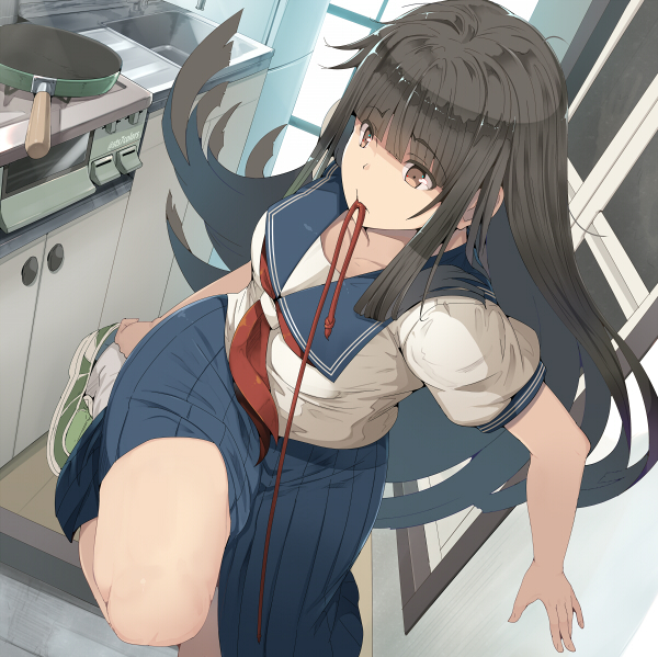 1girl black_hair blue_skirt blunt_bangs brown_eyes cabinet commentary_request counter green_shoes hair_ribbon hair_tie_in_mouth indoors kitchen leg_up long_hair mouth_hold original pleated_skirt pot red_neckwear ribbon sailor_collar school_uniform serafuku shoes short_sleeves sidelocks sink skirt slice_of_life sneakers stove sts thighs