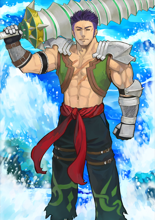 1boy abs arm_at_side armor armored_gloves b_suke belt belt_buckle black_gloves blue_background brown_belt buckle caladbolg_(fate) clenched_hand clenched_hands closed_eyes closed_mouth fate/grand_order fate_(series) feet_out_of_frame fergus_mac_roich_(fate) gloves green_pants green_vest hand_up holding holding_polearm holding_weapon lance male_focus multiple_scars muscular muscular_male navel no_shirt official_art over_shoulder pants pectorals polearm purple_hair red_sash sash scar scar_on_chest short_hair shoulder_armor sideburns solo spikes standing thigh_belt thigh_strap third-party_source undercut variant_set vest weapon weapon_over_shoulder