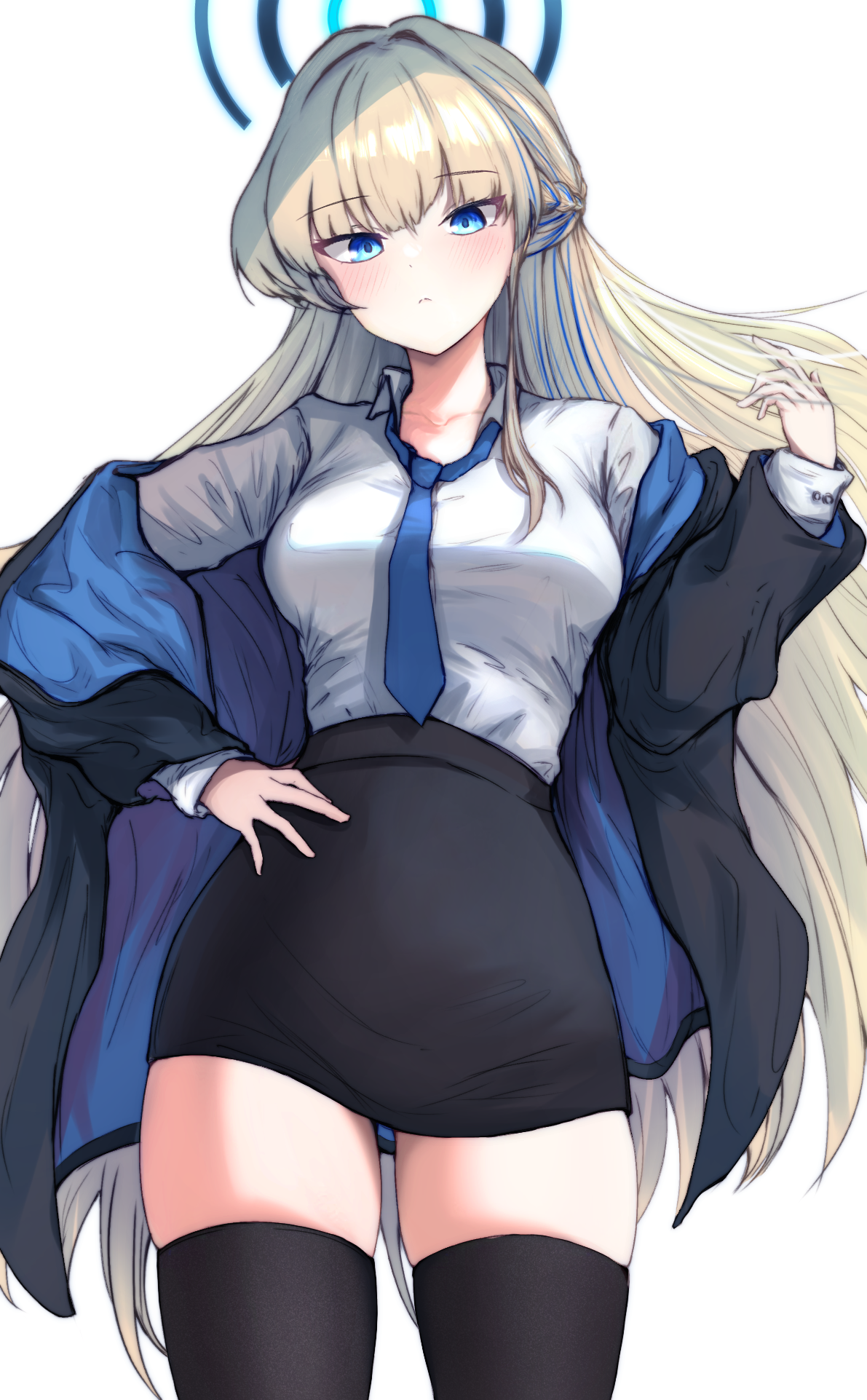 1girl alternate_costume black_jacket black_skirt black_thighhighs blonde_hair blue_archive blue_eyes blue_halo blue_necktie blush breasts closed_mouth clothes_pull e20_(79324944) feet_out_of_frame formal_clothes halo hand_in_own_hair hand_on_own_hip highres jacket jacket_pull long_hair long_sleeves looking_at_viewer mechanical_halo medium_breasts necktie official_alternate_costume open_clothes open_jacket pencil_skirt school_uniform shirt simple_background skirt solo standing thighhighs toki_(blue_archive) toki_(school_uniform)_(blue_archive) white_background white_shirt
