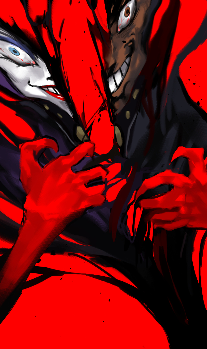1other aayes19 baron_ashura bisected blood blue_eyes blue_eyeshadow brown_eyes colored_extremities colored_skin crazy_eyes crazy_grin crazy_smile dark-skinned_male dark_skin evil_grin evil_smile eyeshadow grin heterochromia hood hood_up hooded_robe lipstick makeup mazinger_(series) mazinger_z multicolored_skin purple_robe red_background red_hands red_lips robe sagittal_plane_cutting smile split-color_skin split_head two-tone_skin white_skin wide-eyed