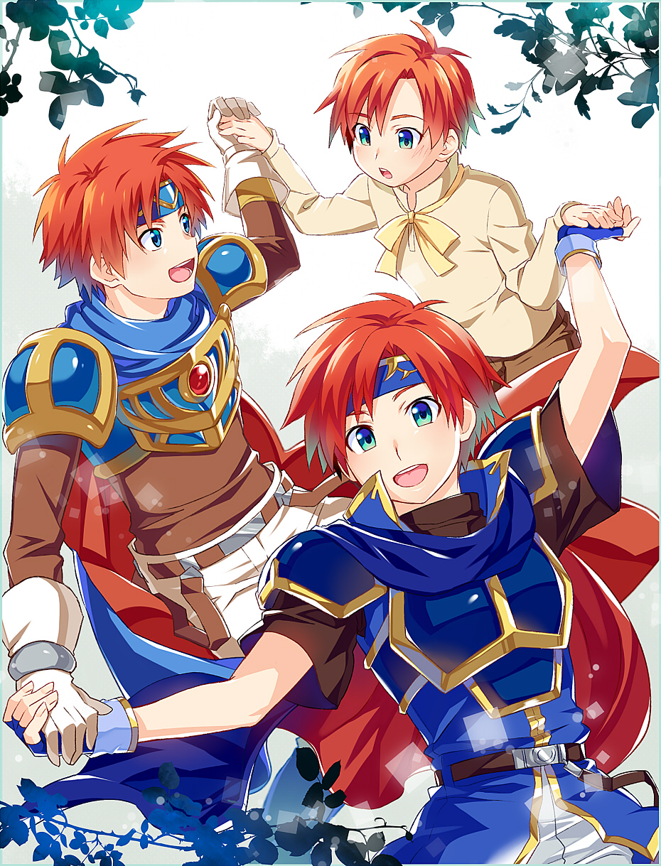 1boy age_progression armor blue_eyes cape fire_emblem fire_emblem:_the_binding_blade fire_emblem_heroes gloves headband highres holding_hands male_focus multiple_boys nintendo open_mouth red_hair roy_(fire_emblem) short_hair smile super_smash_bros. time_paradox aged_down yuki_(sumaburalove)