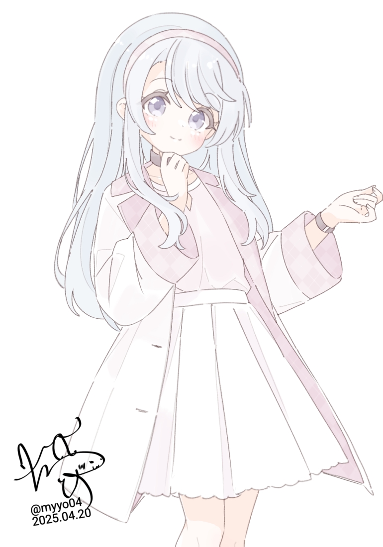 1girl alternate_costume brown_shirt chame_(myyo04) coat commentary_request dated feet_out_of_frame grey_hair hairband kantai_collection purple_eyes purple_hairband sagiri_(kancolle) shirt signature skirt smile solo twitter_username white_coat white_skirt