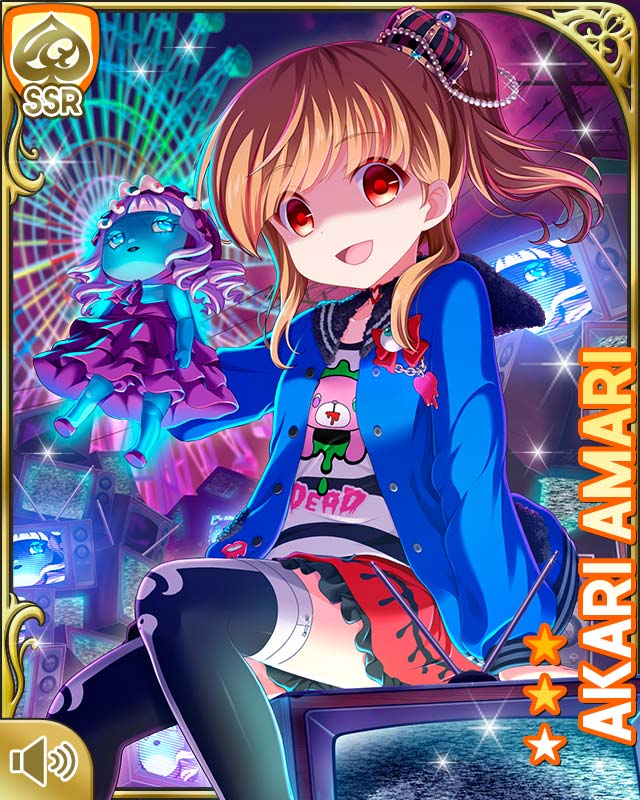 1girl amari_akari amusement_park bag beads black_thighhighs blue_jacket bow brown_hair card_(medium) character_name collar crown doll frilled_skirt frills garter_straps girlfriend_(kari) glowing hair_beads hair_bow hair_ornament handbag jacket lace looking_at_viewer multicolored_hair nail_polish night official_art open_mouth outdoors ponytail qp:flapper red_eyes red_skirt shaded_face shirt short_hair side_ponytail sidelocks sitting skirt smile solo streaked_hair tagme thighhighs tv white_shirt