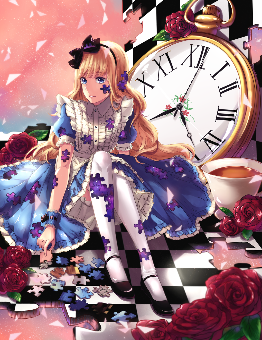 1girl alice_(alice_in_wonderland) alice&#039;s_adventures_in_wonderland apron black_bow black_hairband black_shoes blonde_hair bloomers blue_dress blue_eyes blue_wrist_cuffs blunt_bangs bow buttons center_frills checkered_floor collared_shirt commentary cup dress english_commentary expressionless flower frilled_apron frilled_dress frilled_sleeves frilled_wrist_cuffs frills full_body hair_bow hairband highres holding holding_puzzle_piece jigsaw_puzzle knees_up leaf light_particles long_hair mary_janes medium_dress mikanchii oversized_object parted_lips pink_sky pocket_watch puffy_short_sleeves puffy_sleeves puzzle puzzle_piece red_flower red_rose rose shirt shirt_under_dress shoes short_sleeves sitting sky solo tea teacup teeth thighhighs underwear very_long_hair watch white_apron white_bloomers white_shirt white_thighhighs wrist_cuffs