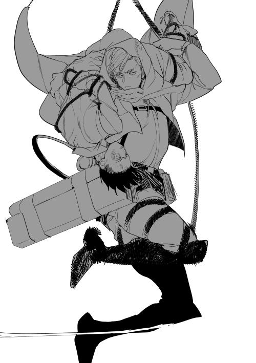 2boys arm_around_waist arms_up belt belt_buckle boots bound buckle cape chest_belt closed_mouth commentary_request dirty dirty_face erwin_smith eye_contact frown greyscale hood hood_up hooded_cape leg_belt levi_(shingeki_no_kyojin) looking_at_another male_focus monochrome multiple_boys shingeki_no_kyojin simple_background thick_eyebrows thigh_boots three-dimensional_maneuver_gear tied_up_(nonsexual) upside-down white_background yo08021010