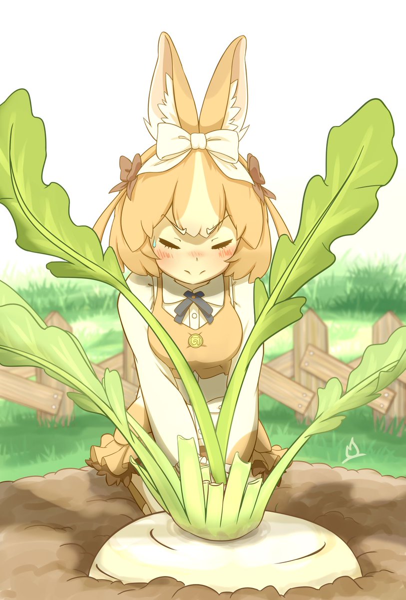 animal_ears black_bow black_bowtie blush bow bowtie brown_bow brown_dress brown_socks brown_vest closed_eyes collared_dress daikon domestic_rabbit_(kemono_friends) dress frilled_dress frilled_vest frills garden hair_between_eyes hair_bow highres japari_symbol kemono_friends kemono_friends_3 leaf light_brown_hair long_sleeves multicolored_hair onefiresticks oversized_food oversized_object puffy_sleeves rabbit_ears rabbit_girl rabbit_tail radish seiza short_hair sidelocks sitting socks sweatdrop tail two-tone_dress two-tone_hair vest white_bow white_dress white_hair
