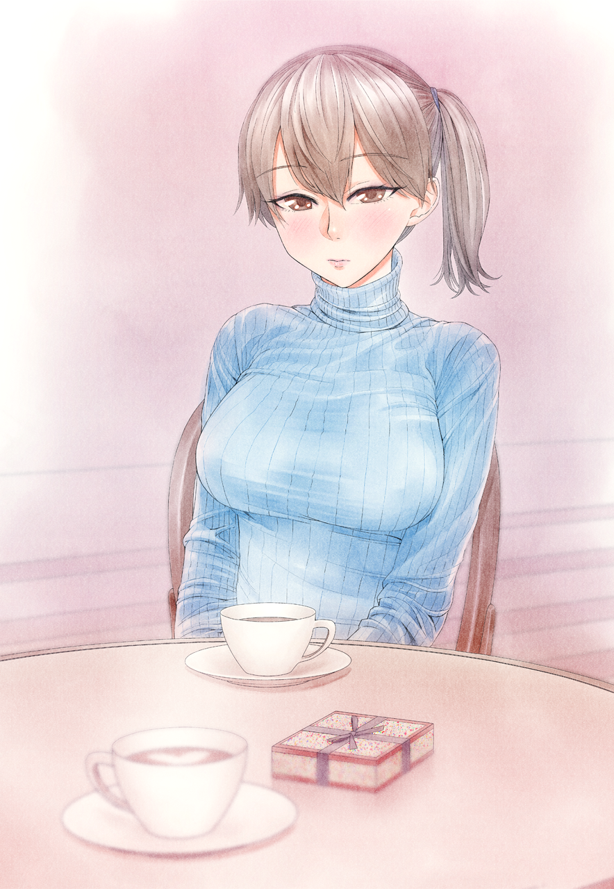1girl blue_sweater breasts brown_eyes brown_hair chair coffee commentary_request cup highres kaga_(kancolle) kantai_collection large_breasts pov ribbed_sweater saucer side_ponytail solo sweater teacup turtleneck turtleneck_sweater upper_body yuichi_(sp_sakura_yoshi)