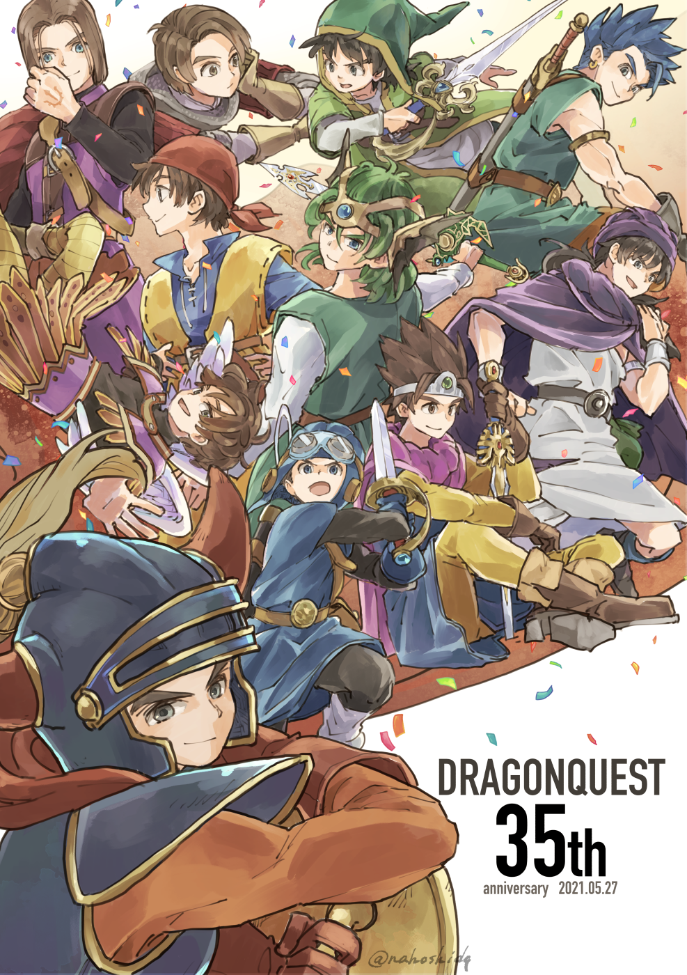 2021 6+boys ancestor_and_descendant angel angel_wings anniversary armlet armor bandana black_bodysuit black_hair blue_armor blue_eyes blue_gloves blue_hair blue_hat blue_tunic bodysuit brown_eyes brown_gloves brown_hair cape circlet clenched_hand closed_mouth commentary_request confetti copyright_name dated dragon_quest dragon_quest_i dragon_quest_ii dragon_quest_iii dragon_quest_iv dragon_quest_ix dragon_quest_v dragon_quest_vi dragon_quest_vii dragon_quest_viii dragon_quest_x dragon_quest_xi english_text erdrick&#039;s_sword fake_horns gem gloves goggles goggles_on_headwear gold_armlet gold_headdress green_gemstone green_hair green_hat green_tunic grey_eyes halo hand_tattoo hat hat_flaps helmet hero_(dq1) hero_(dq10) hero_(dq11) hero_(dq3) hero_(dq4) hero_(dq5) hero_(dq6) hero_(dq7) hero_(dq8) hero_(dq9) highres holding holding_shield holding_sword holding_weapon horned_helmet horns in-franchise_crossover jewelry long_hair looking_at_viewer looking_back low_ponytail male_focus multiple_boys nahoshi one-shoulder_tunic open_mouth orange_bodysuit planted planted_sword planted_weapon ponytail prince_of_lorasia profile purple_cape purple_turban red_bandana red_gloves red_tunic roto_(dq3) shield short_hair silver_armlet silver_circlet sitting smile sword sword_on_back tattoo tunic weapon weapon_on_back white_background white_halo white_tunic white_wings wings zenithian_sword