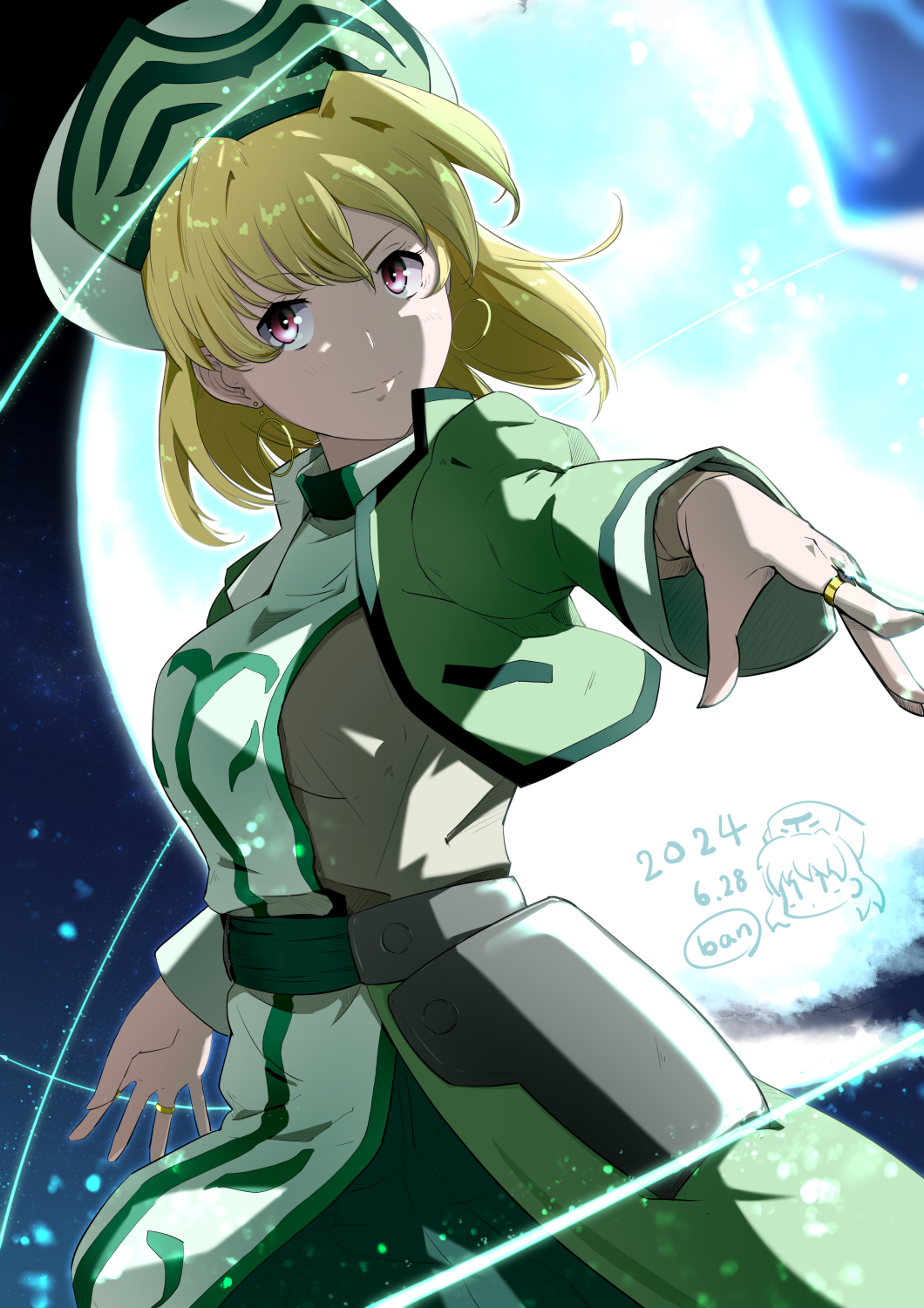 1girl ban_(777purin) blonde_hair blush breasts closed_mouth dated hat highres jewelry looking_at_viewer lyrical_nanoha magical_girl mahou_shoujo_lyrical_nanoha mahou_shoujo_lyrical_nanoha_a&#039;s mahou_shoujo_lyrical_nanoha_strikers medium_breasts moon outdoors red_eyes ring shamal short_hair signature sky smile solo