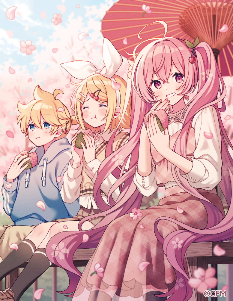 1boy 2girls ahoge amagi_hana blonde_hair blue_eyes blurry blurry_background blush bow_hairband cherry_blossoms cherry_hair_ornament closed_eyes collared_shirt commentary_request day eating food food-themed_hair_ornament grin hair_ornament hairband hairclip hatsune_miku holding holding_food hood hoodie jewelry kagamine_len kagamine_rin long_hair long_skirt long_sleeves mochi multiple_girls necklace oil-paper_umbrella outdoors petals pink_eyes plaid_clothes plaid_skirt ponytail sakura_miku sakura_mochi shirt short_hair short_ponytail shorts sitting skirt sky smile socks sweater_vest twintails umbrella very_long_hair vocaloid wagashi