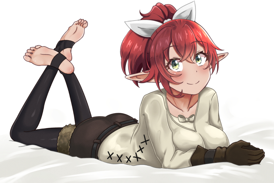 1girl blush feet goblin_slayer! green_eyes halfling long_hair looking_at_viewer lying on_stomach pointy_ears ponytail red_hair rhea_fighter_(goblin_slayer!) smile soles stirrup_legwear the_pose toeless_legwear toes yon_senpai