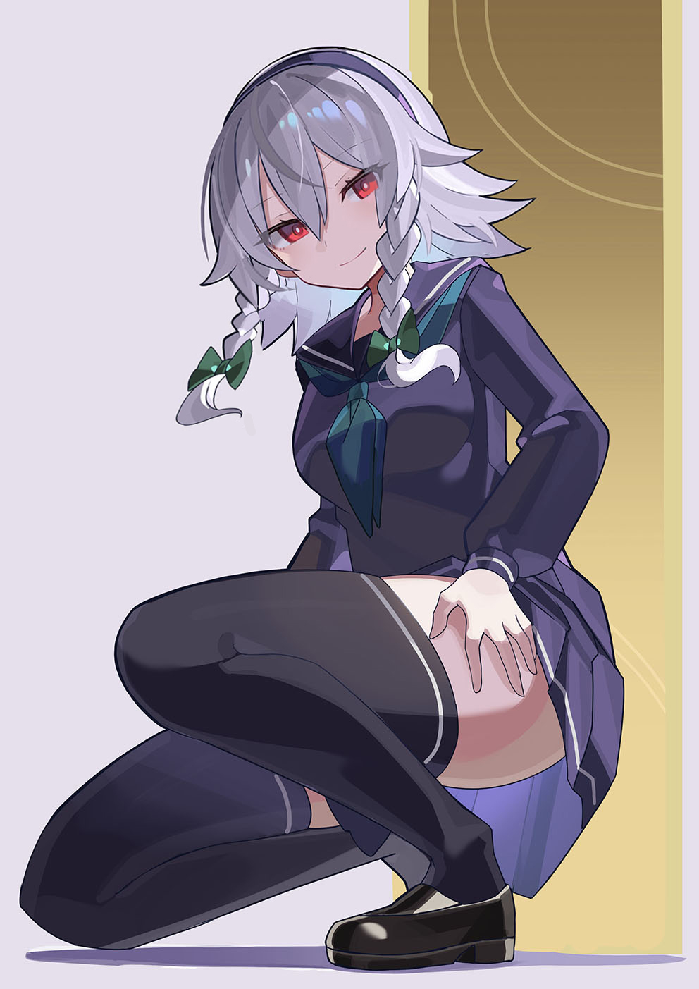 1girl alternate_costume black_hairband black_sailor_collar black_serafuku black_shoes black_skirt black_thighhighs bow braid closed_mouth commentary_request falken_(yutozin) full_body green_bow green_neckerchief grey_hair hair_between_eyes hair_bow hairband highres izayoi_sakuya long_sleeves neckerchief pleated_skirt red_eyes revision sailor_collar school_uniform serafuku shoes short_hair skirt smile solo thighhighs touhou twin_braids