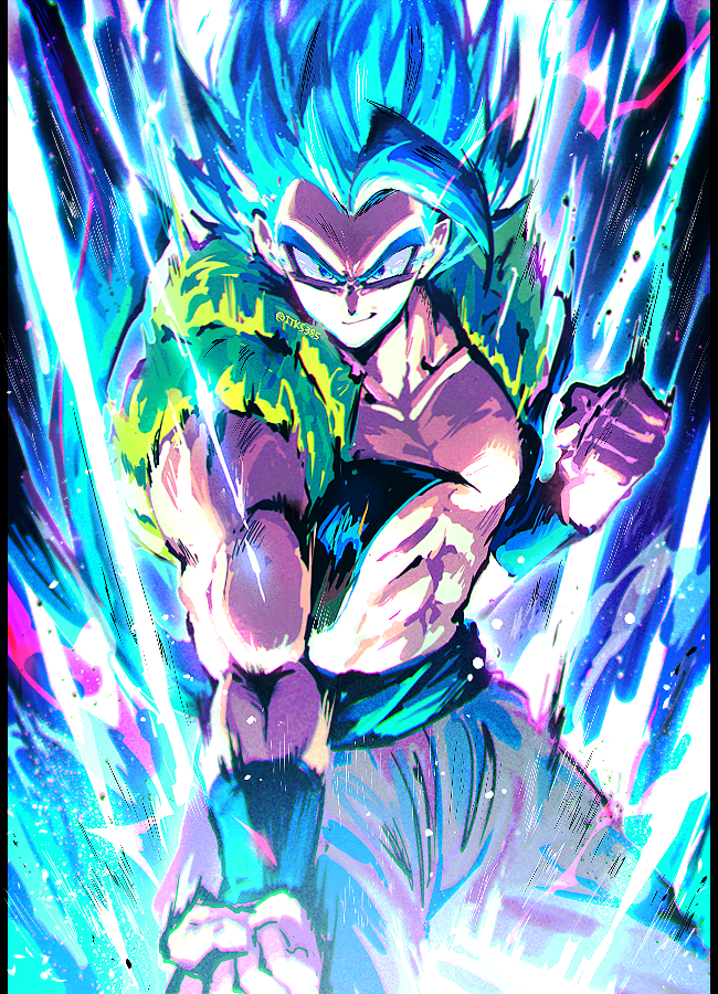 1boy abs aqua_hair biceps clenched_hands dragon_ball dragon_ball_super dragon_ball_super_broly gogeta itsuki_(nightlight) looking_at_viewer male_focus metamoran_vest muscular muscular_male pants pectorals smirk solo spiked_hair super_saiyan super_saiyan_blue twitter_username white_pants