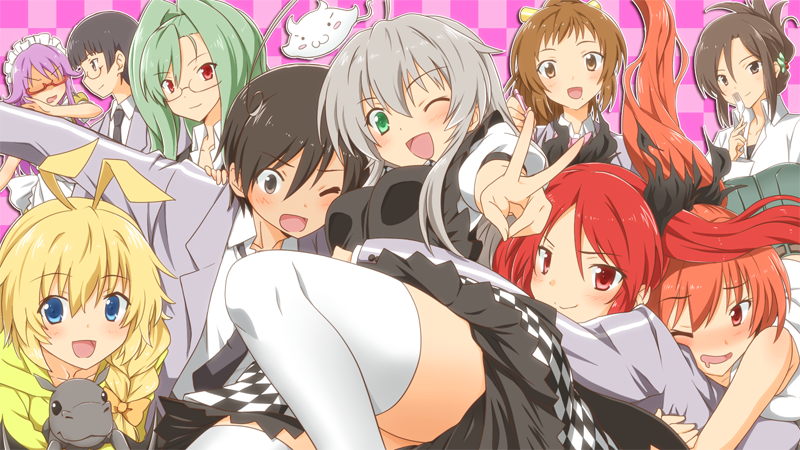 3boys 6+girls :3 ahoge antenna_hair blonde_hair blue_eyes blush blush_stickers brown_eyes brown_hair checkered_background cthugha_(nyaruko-san) cuune_(nyaruko-san) dress_shirt everyone fork glasses green_eyes green_legwear antenna_hair hair_intakes hair_ornament hair_ribbon hairclip haiyore!_nyaruko-san hastur_(nyaruko-san) hug kurei_tamao long_hair looking_at_viewer luhy_distone maid maid_headdress multiple_boys multiple_girls nyarlathotep_(nyaruko-san) one_eye_closed open_mouth red-framed_eyewear red_eyes red_hair ribbon shantak_(nyaruko-san) shirt short_hair skirt smile thighhighs tsuruko twintails white_legwear wink yasaka_mahiro yasaka_yoriko yoichi_takehiko yuto_(dialique)