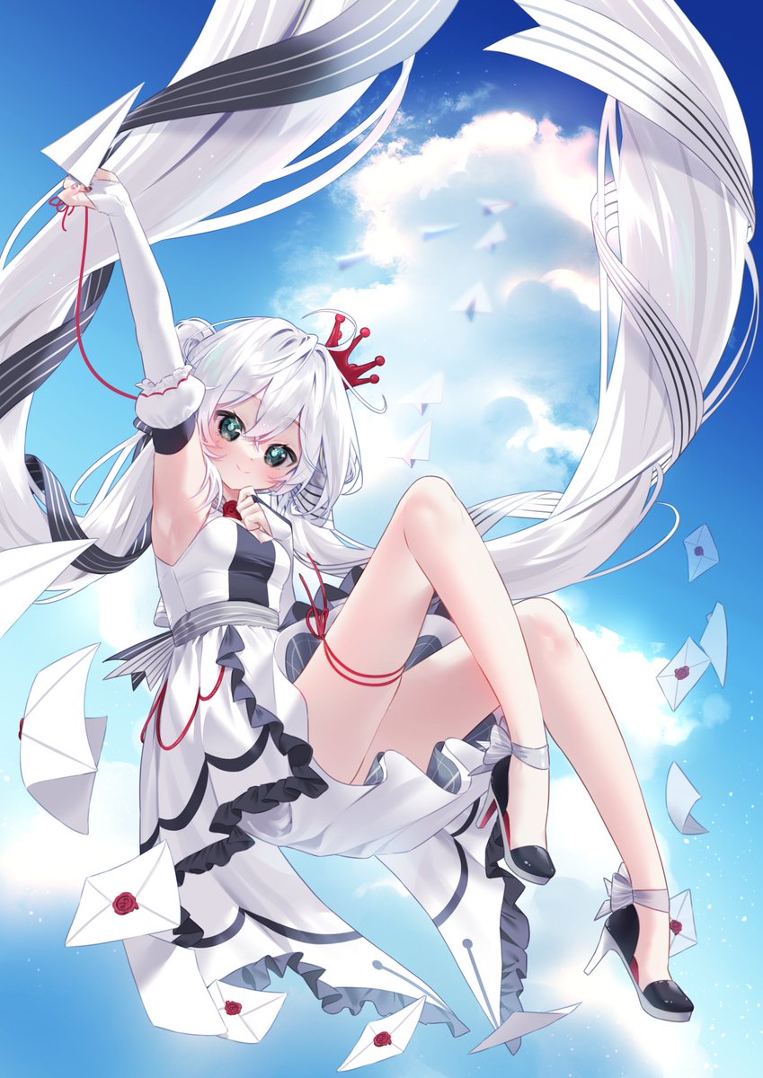 1girl arami_o_8 armpits black_shoes blue_sky blush breasts bridal_gauntlets closed_mouth cloud commentary crown dress eleanor_forte english_commentary envelope floating full_body green_eyes grey_hair hair_between_eyes highres long_hair mini_crown paper_airplane red_crown second-party_source shoes sky smile solo synthesizer_v twintails very_long_hair wax_seal white_bridal_gauntlets white_dress