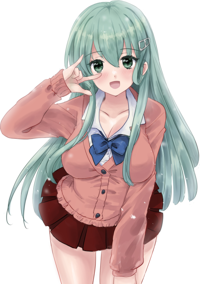1girl aqua_eyes aqua_hair blue_bow blue_bowtie blush bow bowtie breasts brown_skirt cardigan collared_shirt green_eyes hair_ornament hairclip kantai_collection kitagawa_mikio large_breasts long_hair long_sleeves looking_at_viewer official_alternate_costume pink_cardigan pleated_skirt school_uniform shirt skirt smile solo suzuya_(kancolle) suzuya_(school_girl)_(kancolle) v white_background white_shirt