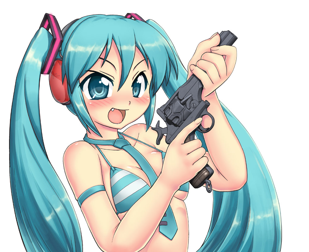 1girl aqua_bikini aqua_eyes aqua_hair bikini blush break-action_revolver breasts cocked_hammer commentary ear_protection fang gun handgun hase_yu hashtag-only_commentary hatsune_miku holding holding_gun holding_weapon long_hair medium_breasts open_mouth revolver semi-automatic_revolver smile solo striped_bikini striped_clothes swimsuit upper_body v-shaped_eyebrows vocaloid weapon webley-fosbery_automatic_revolver