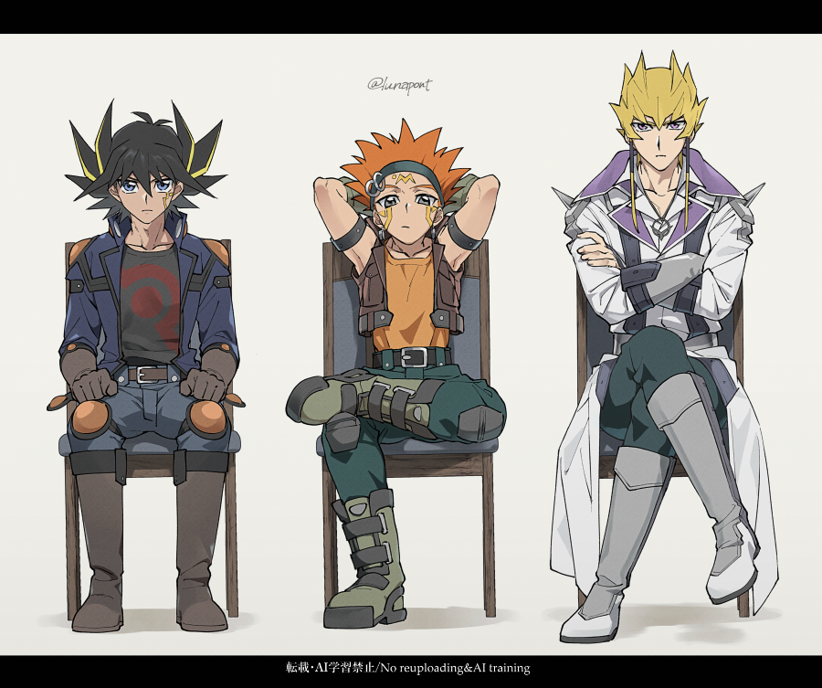 3boys black_hair black_pants black_shirt blonde_hair blue_eyes blue_jacket boots brown_boots brown_vest chair crossed_arms crossed_legs crow_hogan facial_mark fudo_yusei green_pants grey_background group_picture jack_atlas jacket lunapont male_focus medium_hair multicolored_hair multiple_boys on_chair orange_hair orange_shirt pants purple_eyes shirt short_hair simple_background sitting spiked_hair twitter_username two-tone_hair vest yu-gi-oh! yu-gi-oh!_5d&#039;s