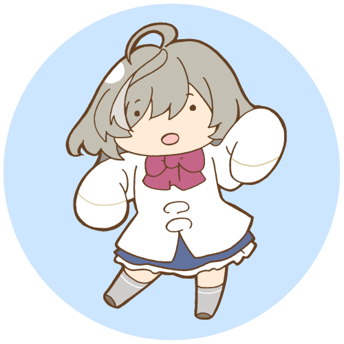 1girl ahoge assault_lily black_shoes blue_background blue_skirt bow bowtie chibi commentary eyes_visible_through_hair full_body grey_hair grey_thighhighs hair_between_eyes hair_over_one_eye hands_up herensuge_girls_academy_school_uniform jacket long_hair long_sleeves looking_at_viewer lowres masaki_itsuki miniskirt multicolored_hair open_mouth red_bow red_bowtie round_image sasaki_ran school_uniform shoes simple_background skirt sleeves_past_fingers sleeves_past_wrists solid_circle_eyes solo standing streaked_hair thighhighs transparent_background white_jacket