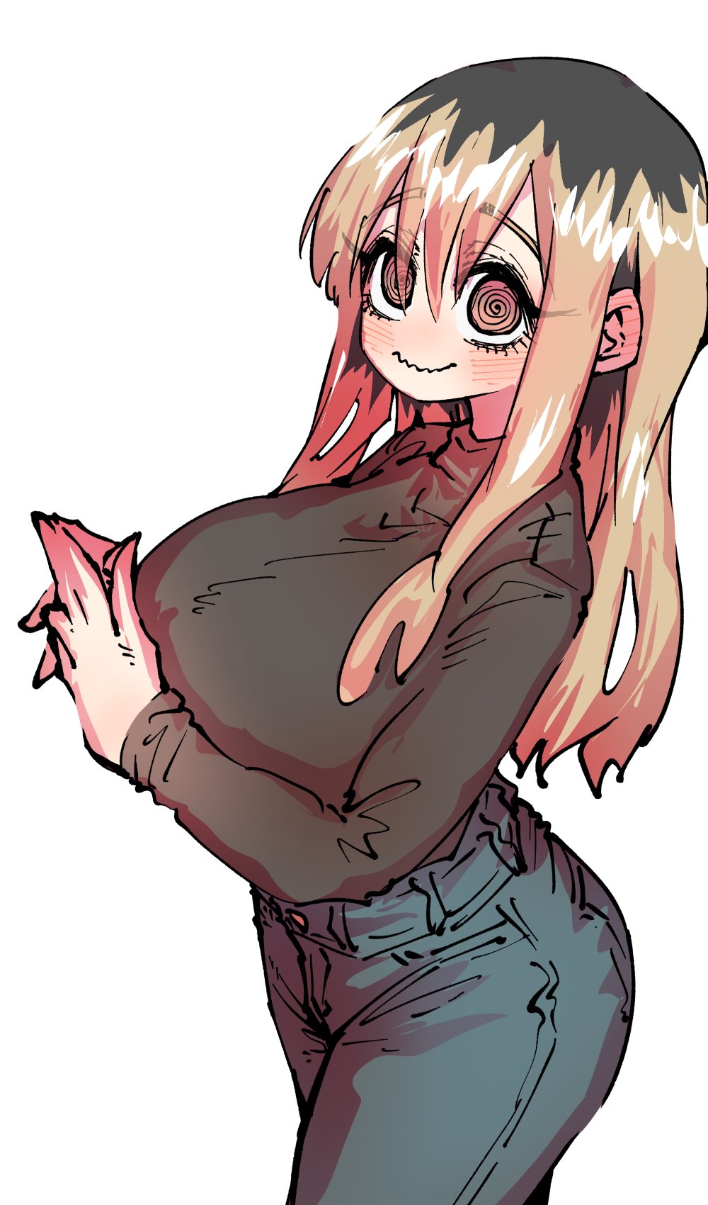 1girl @_@ black_hair black_shirt blonde_hair blush breasts denim highres huge_breasts jeans kinjo_no_hito_no_nakimushi large_breasts long_hair long_sleeves looking_at_viewer multicolored_hair ochiai_(kinjo_no_hito_no_nakimushi) pants roots_(hair) shirt smile solo two-tone_hair white_background zyugoya