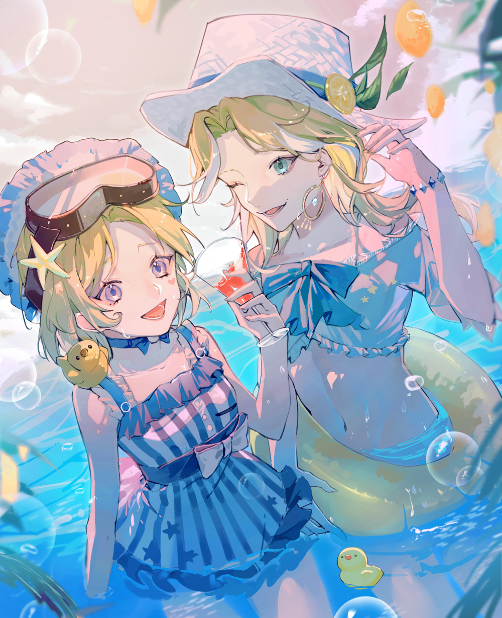 2girls :d alternate_costume artue blonde_hair blue_choker blue_eyes bracelet breasts choker day demi_bourbon demi_bourbon_(sea_salt_mocktail) dress drink dutch_angle earrings food fruit goggles goggles_on_head hair_ornament heart heart_tattoo highres identity_v innertube jewelry long_hair multiple_girls open_mouth orange_(fruit) orange_slice outdoors purple_eyes rubber_duck short_hair small_breasts smile star_(symbol) star_hair_ornament striped_clothes striped_dress swim_ring swimsuit tattoo tracy_reznik tracy_reznik_(re-swim) wading wet