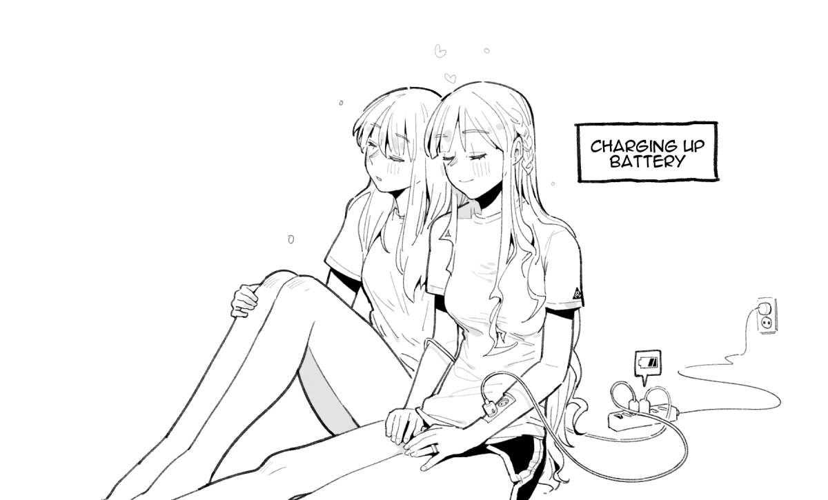 2girls ak-12_(girls&#039;_frontline) an-94_(girls&#039;_frontline) blush braid breasts closed_eyes english_text girls&#039;_frontline greyscale heart huqu long_hair mechabare medium_breasts monochrome multiple_girls power_strip shorts simple_background sitting sleeping smile white_background