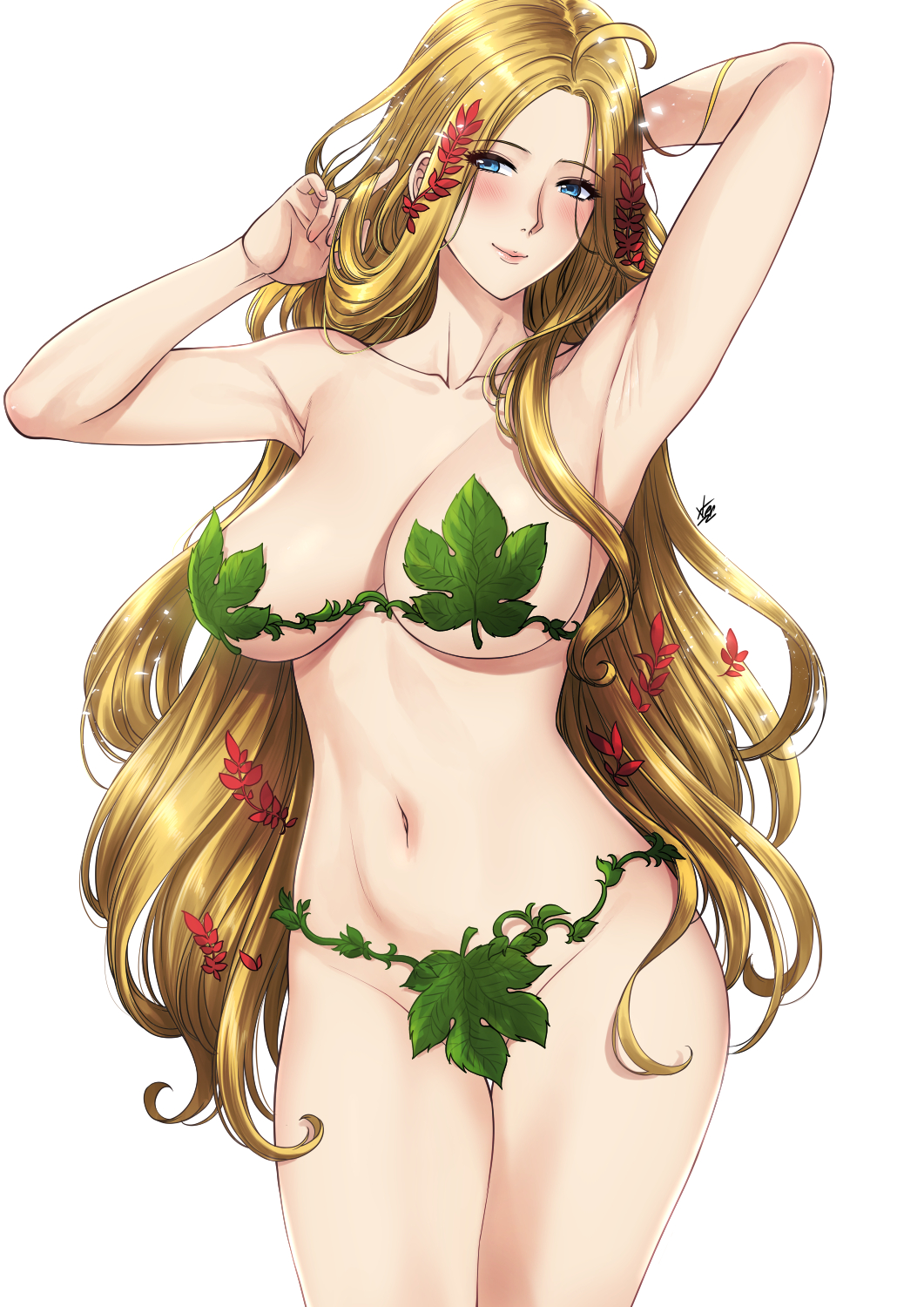 1girl armpits bikini blonde_hair blue_eyes blush breasts cleavage eve_(shuumatsu_no_valkyrie) highres large_breasts leaf leaf_bikini long_hair looking_at_viewer navel shuumatsu_no_valkyrie smile solo white_background xter
