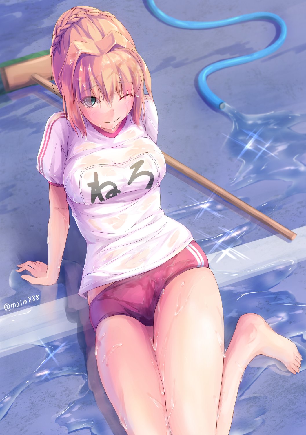 1girl blonde_hair blurry blush breasts broom buruma commentary commentary_request depth_of_field fate/extra fate_(series) feet green_eyes gym_uniform hair_between_eyes hair_bun hair_intakes hands_on_floor highres hose kudou_maimu large_breasts legs_together looking_at_viewer name_tag nero_claudius_(fate) nero_claudius_(olympian_bloomers)_(fate) official_alternate_costume on_floor one_eye_closed pool puffy_short_sleeves puffy_sleeves red_buruma shirt short_sleeves single_hair_bun smile solo twitter_username water_drop wet wet_buruma wet_clothes wet_shirt white_shirt