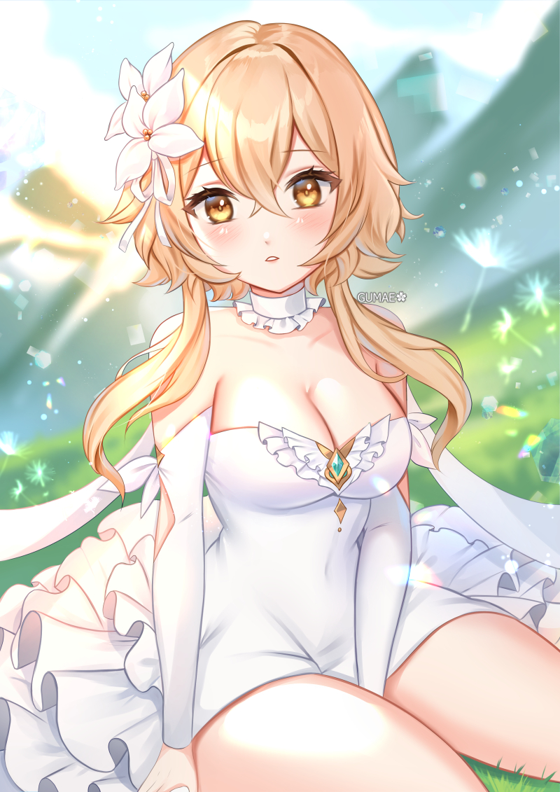 1girl bare_shoulders blonde_hair blurry blurry_background blush breasts bride cleavage dandelion_seed dress flower genshin_impact gumae hair_between_eyes hair_flower hair_ornament looking_at_viewer lumine_(genshin_impact) matching_hair/eyes medium_breasts outdoors sitting solo wedding_dress white_dress yellow_eyes