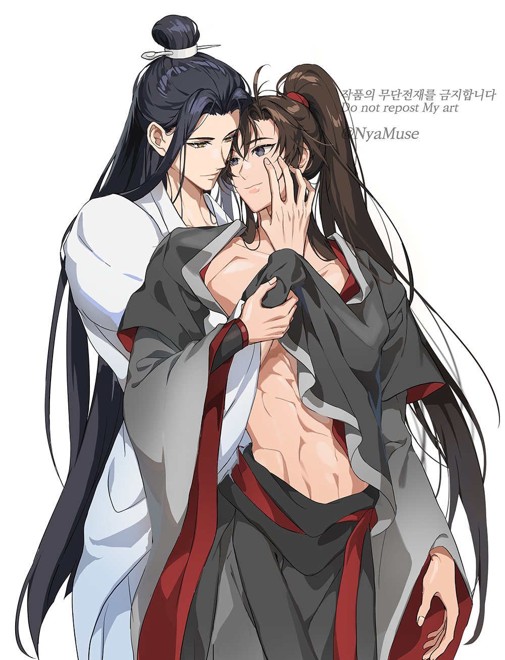 2boys abs black_hair brown_hair chinese_clothes closed_mouth clothes_lift from_behind guilty_challenge_(meme) highres lan_wangji long_hair male_focus meme midriff modao_zushi multiple_boys muse_(rainforest) navel ponytail shirt_lift smile stomach wei_wuxian yaoi