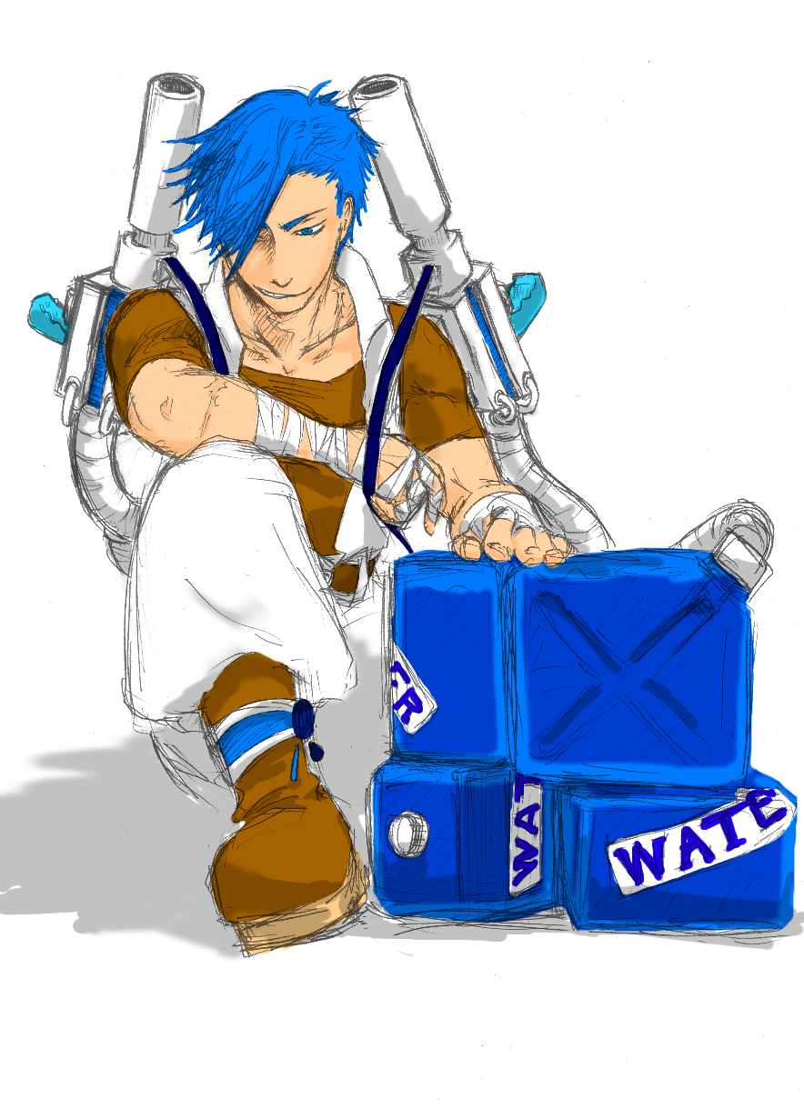 1boy arm_on_knee arm_on_own_leg arm_rest backpack_cannon bandaged_arm bandaged_hand bandaged_wrist bandages blastoise blue_eyes boots brown_boots brown_shirt canister cannon cargo_pants collarbone drop_shadow elbow_on_knee elbow_on_leg elbow_rest facing_to_the_side free_clown gas_can gen_1_pokemon grin gun_sling hair_over_one_eye high_contrast highres holding holding_hose hose hose_nozzle knees_up looking_down looking_to_the_side male_focus mature_male nintendo on_ground open_clothes open_vest over_shoulder pants parted_hair personification pokemon popped_collar shirt shoulder_cannon sitting sketch smile vest water_gun weapon weapon_on_back weapon_over_shoulder white_background white_pants white_vest