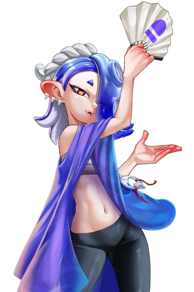 1girl black_leggings blonde_hair chest_sarashi hand_fan laz_gm leggings lips medium_hair navel nintendo octoling parted_lips red_eyes sarashi see-through_clothes see-through_shawl shawl shiver_(splatoon) short_eyebrows solo splatoon_(series) splatoon_3