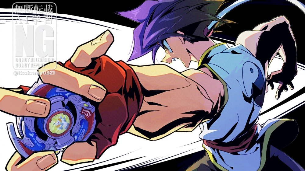 1boy bakuten_shoot_beyblade bare_shoulders beyblade beyblade_(object) black_background chinese_clothes cowboy_shot fang fingerless_gloves from_behind gloves kon_rei long_hair looking_at_viewer male_focus muscular muscular_male open_mouth print_shirt purple_hair red_gloves shirt simple_background solo tkoknmy0321 watermark white_background white_shirt yin_yang yin_yang_print