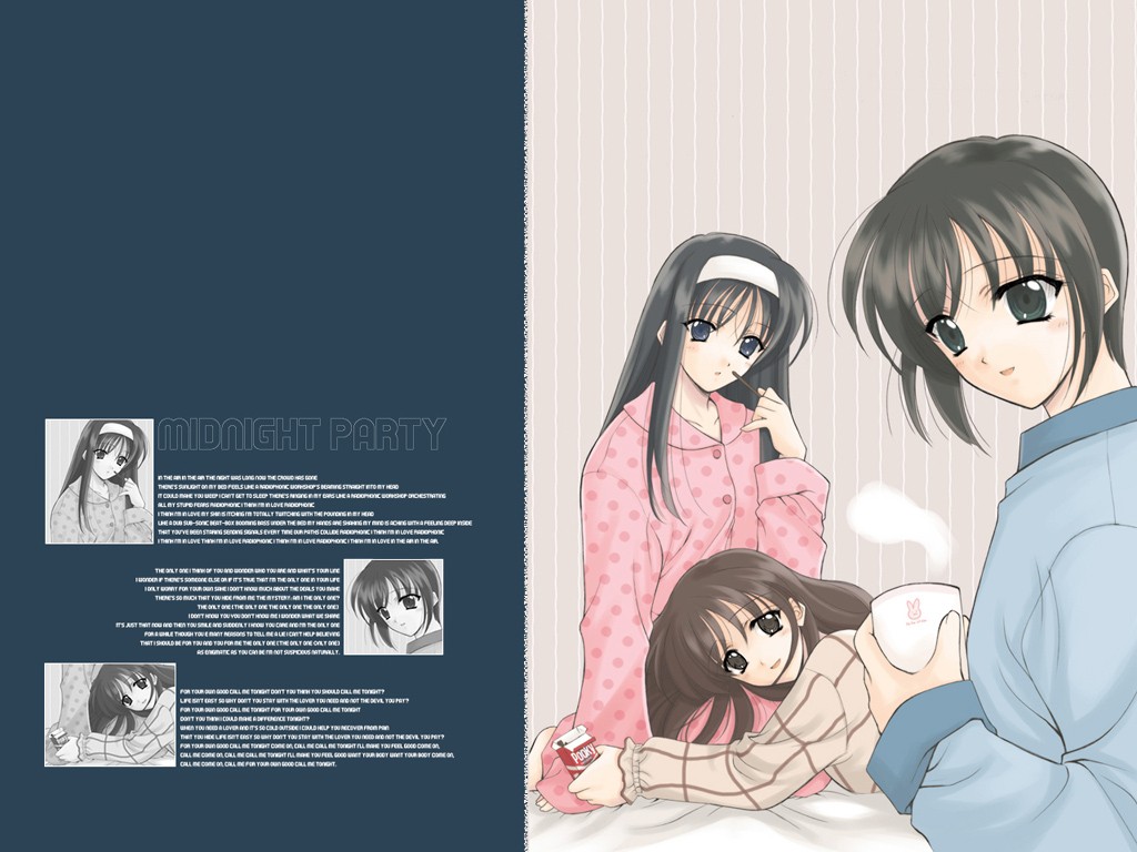 00s 3girls bed bed_sheet black_hair blush brown_hair cup hairband head_tilt lap_pillow long_hair looking_at_viewer misawa_hanei multiple_girls pajamas seo_akira short_hair smile steam tohno_akiha tsukihime