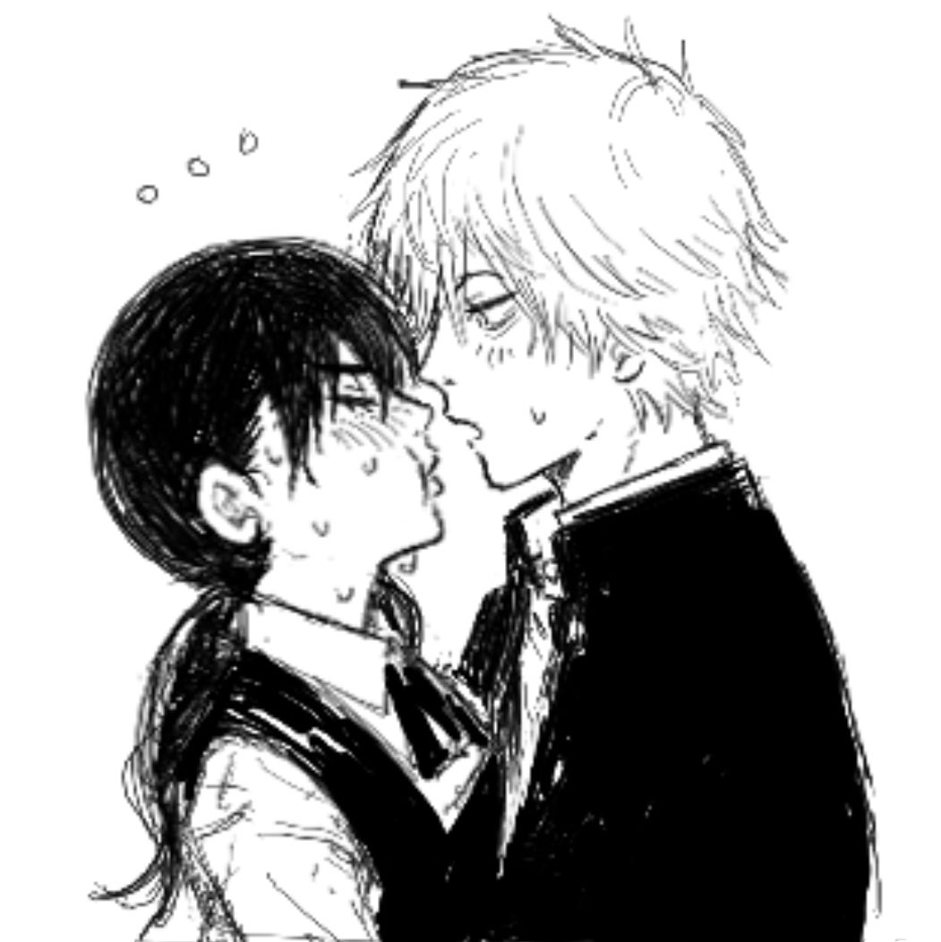1boy 1girl blush chainsaw_man commentary denji_(chainsaw_man) emzok english_commentary flying_sweatdrops fourth_east_high_school_uniform gakuran greyscale height_difference hetero mitaka_asa monochrome ponytail puckered_lips school_uniform sweat sweatdrop