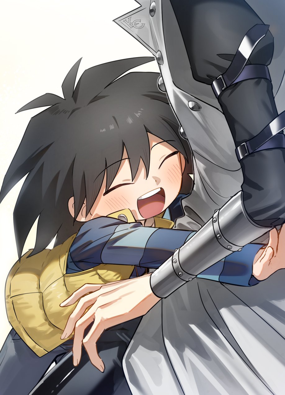 2boys black_hair blue_shirt brothers closed_eyes coat highres hug kaiba_mokuba kaiba_seto male_focus medium_hair moemoenomori multiple_boys shirt siblings simple_background solo_focus spiked_hair striped_clothes striped_shirt teeth tongue upper_teeth_only vest white_background white_coat yellow_vest yu-gi-oh! yu-gi-oh!_duel_monsters