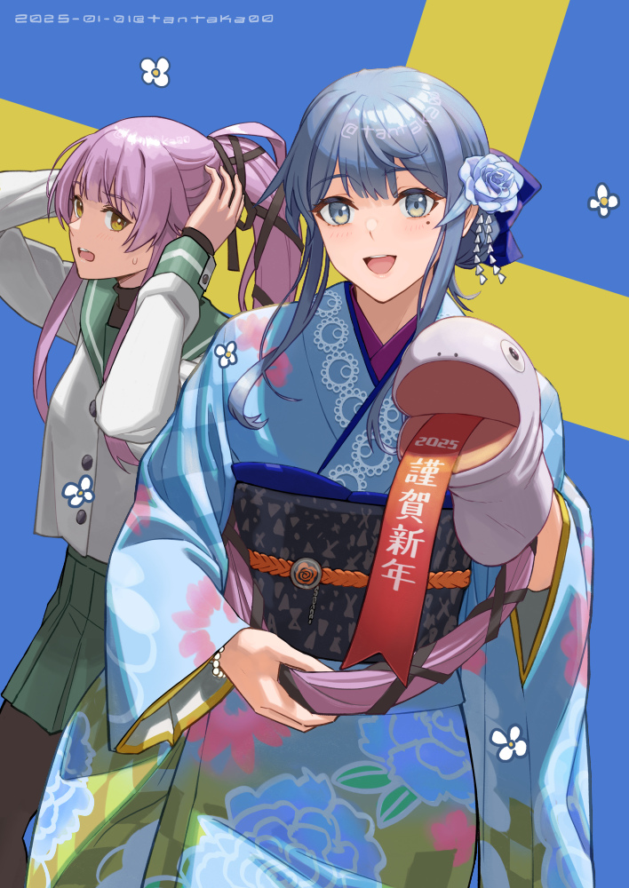 2025 2girls alternate_costume artist_name black_pantyhose blue_eyes blue_hair blue_kimono cowboy_shot flag_background floral_print gotland_(kancolle) grey_sailor_collar grey_skirt hand_puppet japanese_clothes kantai_collection kimono long_hair looking_at_viewer mole mole_under_eye multiple_girls open_mouth pantyhose ponytail puppet purple_hair red_eyes round_teeth sailor_collar sidelocks skirt snake_puppet swedish_flag tantaka teeth upper_teeth_only yura_(kancolle)