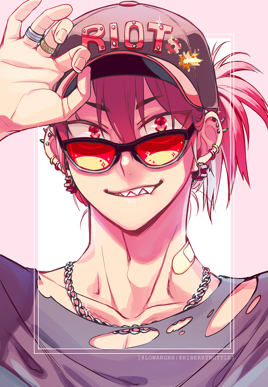 1boy adjusting_clothes adjusting_headwear alternate_costume alternate_hairstyle arm_up bandaid bandaid_on_neck baseball_cap black-framed_eyewear boku_no_hero_academia chain chain_necklace character_name collarbone commentary ear_piercing earrings english_commentary eyes_visible_through_hair fashion gear_earrings grin hair_between_eyes hand_on_headwear hat highres jewelry kirishima_eijirou looking_at_viewer lowah male_focus multiple_rings necklace piercing pink_background red-tinted_eyewear red_eyes red_hair ring scar scar_across_eye scar_on_face shade sharp_teeth shirt short_eyebrows side_ponytail slit_pupils smile solo sparkle spiked_ear_piercing sticker straight-on sunglasses teeth tinted_eyewear torn_clothes torn_shirt tsurime twitter_username two-tone_background upper_body v-shaped_eyebrows white_background