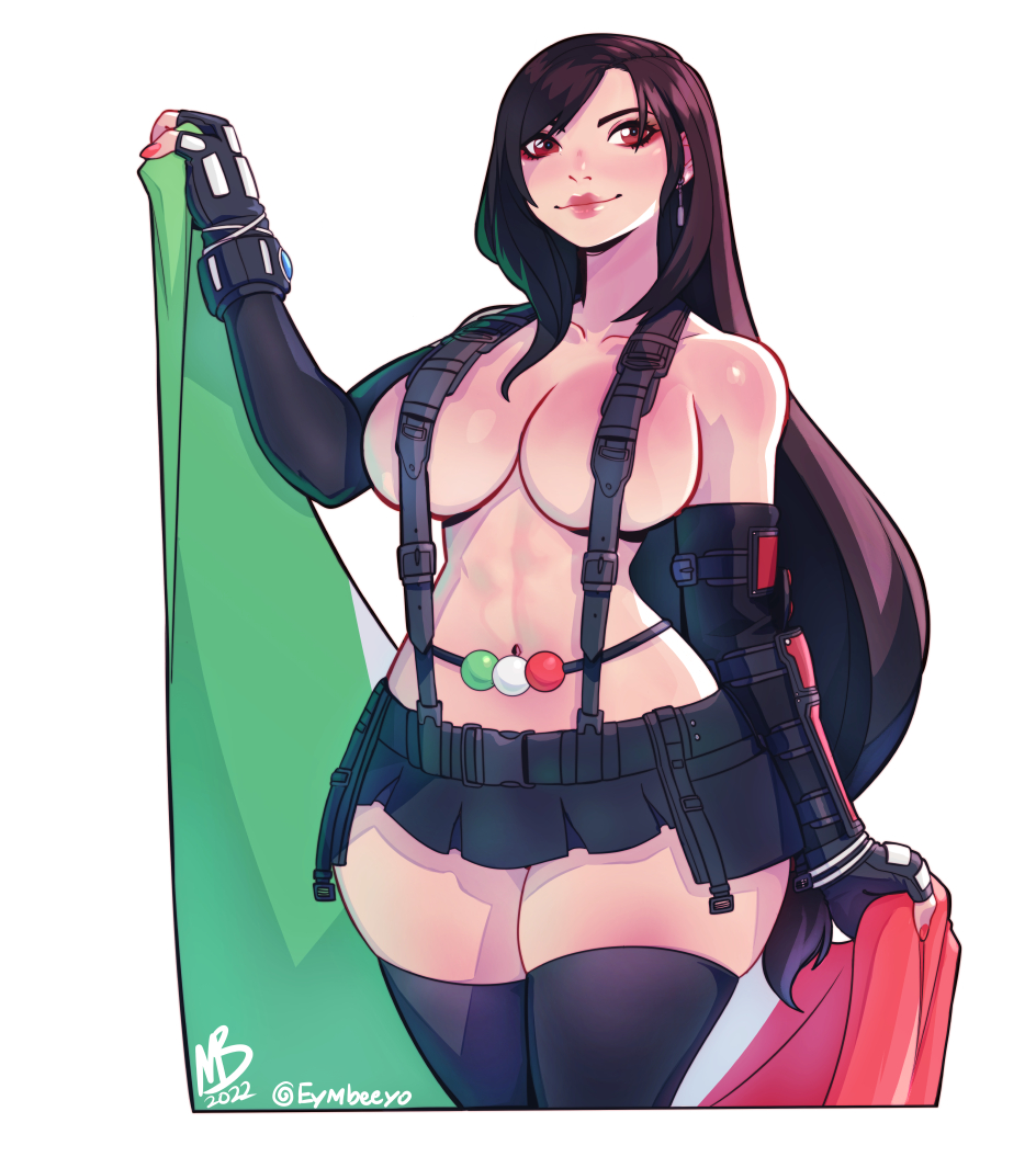 1girl abs belly_chain black_skirt black_thighhighs breasts brown_eyes brown_hair commentary dated earrings elbow_gloves english_commentary eymbee final_fantasy final_fantasy_vii final_fantasy_vii_remake fingerless_gloves fingernails flag gloves holding holding_flag italian_flag italian_senate_porn_livestream_(meme) jewelry large_breasts lips long_hair low-tied_long_hair materia meme microskirt nail_polish narrow_waist navel pleated_skirt red_nails skirt smile solo square_enix suspender_skirt suspenders thick_thighs thighhighs thighs tifa_lockhart topless_female twitter_username vambraces white_background wide_hips